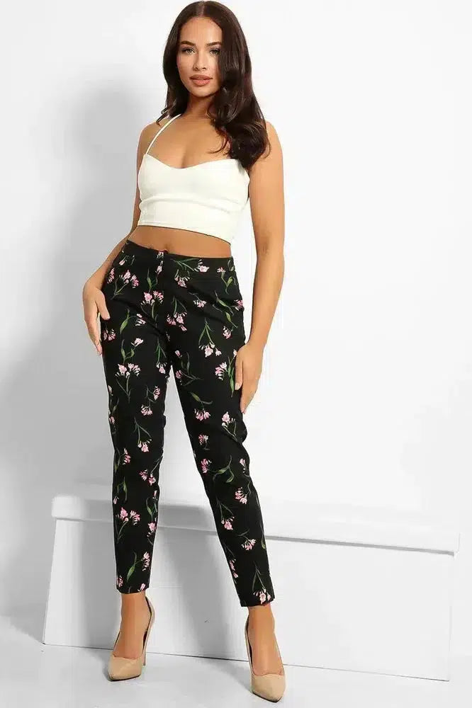 Black Floral Print Smart Trousers-SinglePrice