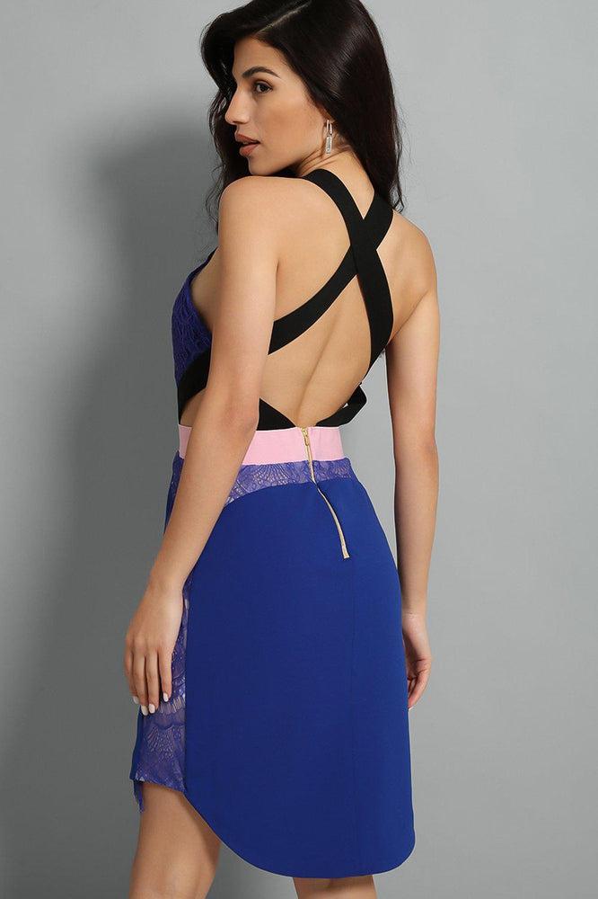 Royal Blue Delicate Lace Panels Structured Dress-SinglePrice