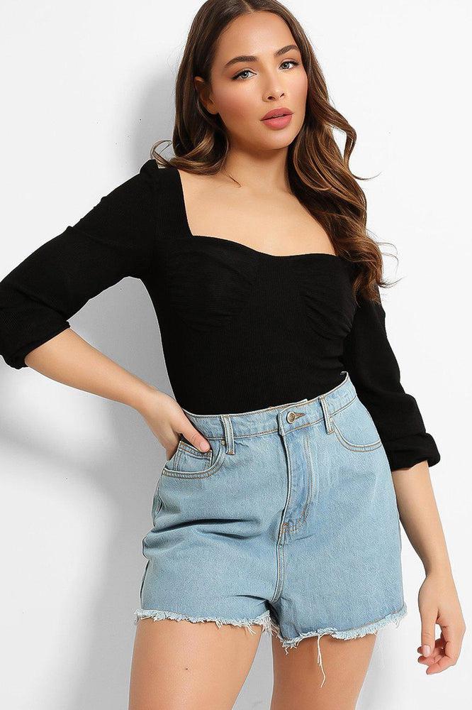 Light Blue High-Waist Raw Hem Shorts-SinglePrice