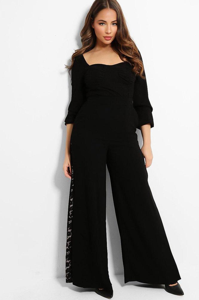Black Lace Inserts Wide Leg Trousers-SinglePrice