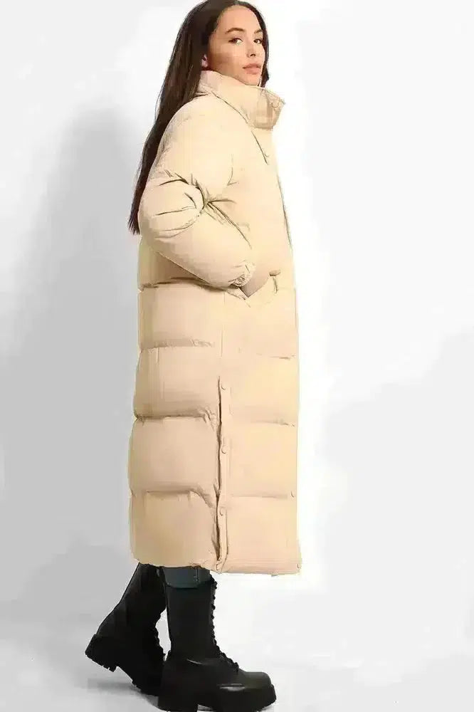 High Neck Quilted Opening Sides Midi Puffer Parker Jacket-SinglePrice