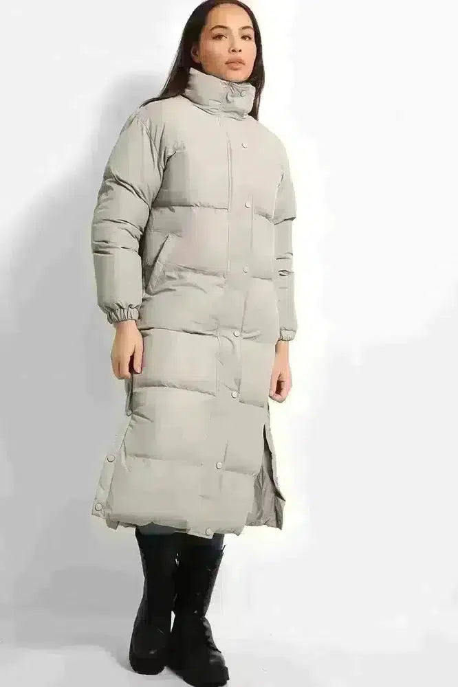 High Neck Quilted Opening Sides Midi Puffer Parker Jacket-SinglePrice