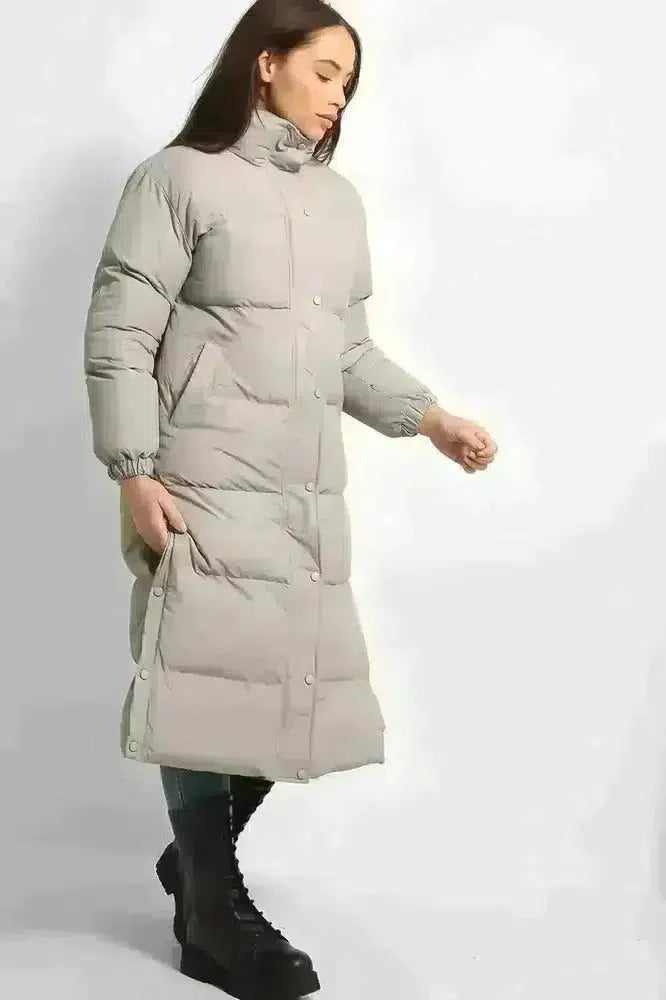High Neck Quilted Opening Sides Midi Puffer Parker Jacket-SinglePrice