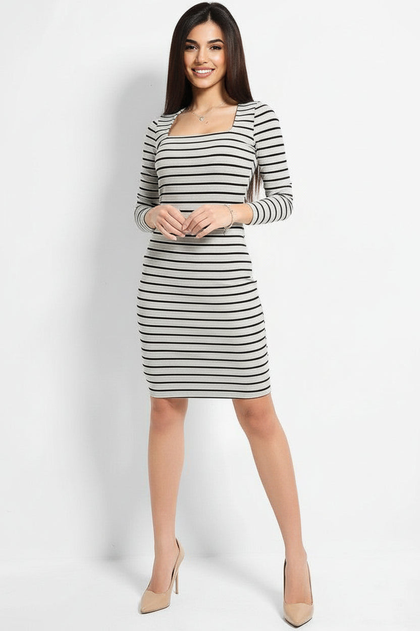 Grey Square Neckline Stripy Dress-SinglePrice