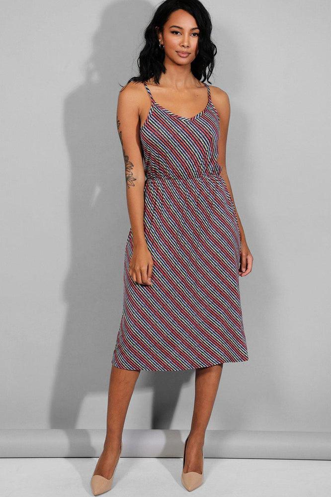 Multicolour Stripe Tie Up Straps Mid Dress-SinglePrice