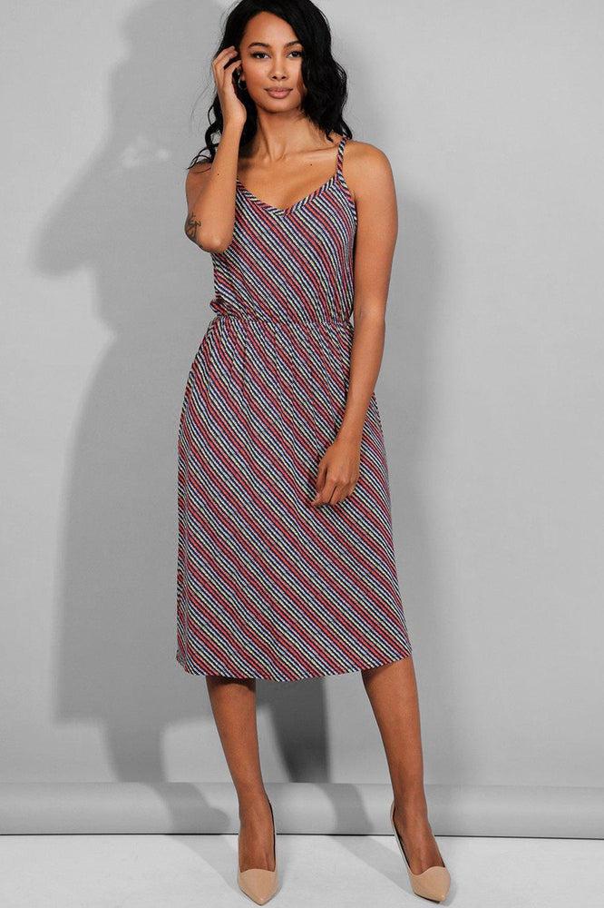 Multicolour Stripe Tie Up Straps Mid Dress-SinglePrice