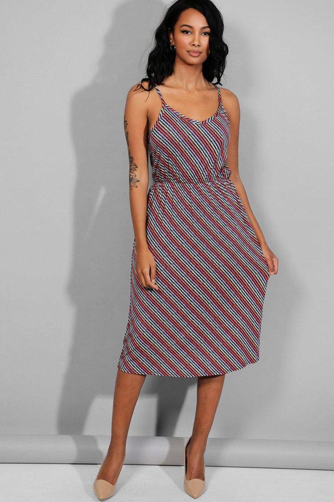 Multicolour Stripe Tie Up Straps Mid Dress-SinglePrice