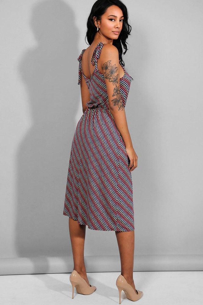 Multicolour Stripe Tie Up Straps Mid Dress-SinglePrice