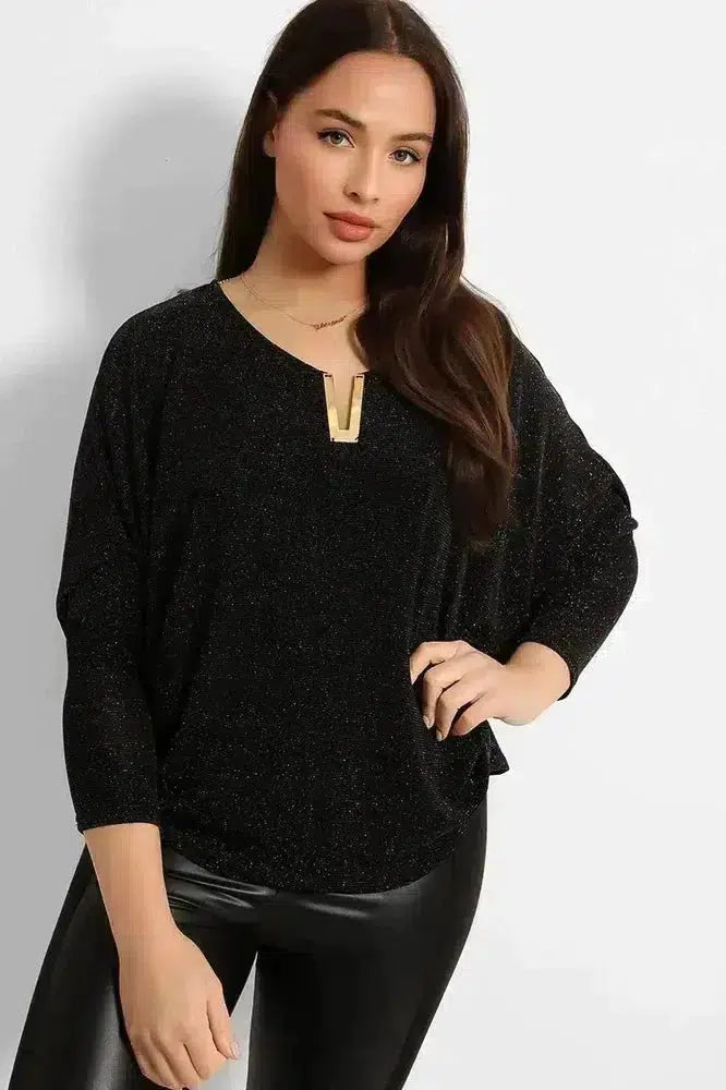 Gold Metal Detail Pleated Back Shimmer Top-SinglePrice