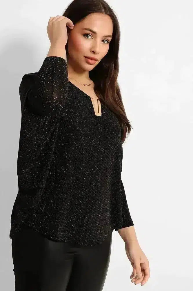 Gold Metal Detail Pleated Back Shimmer Top-SinglePrice