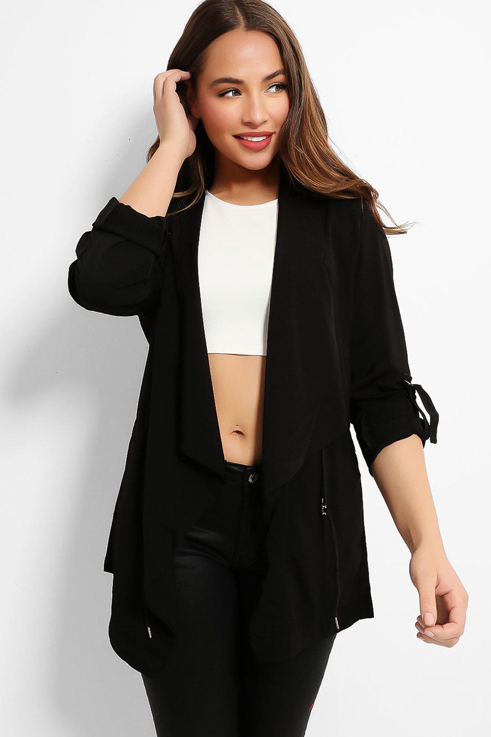 Black Drawstring Waist Waterfall Satin Duster-SinglePrice