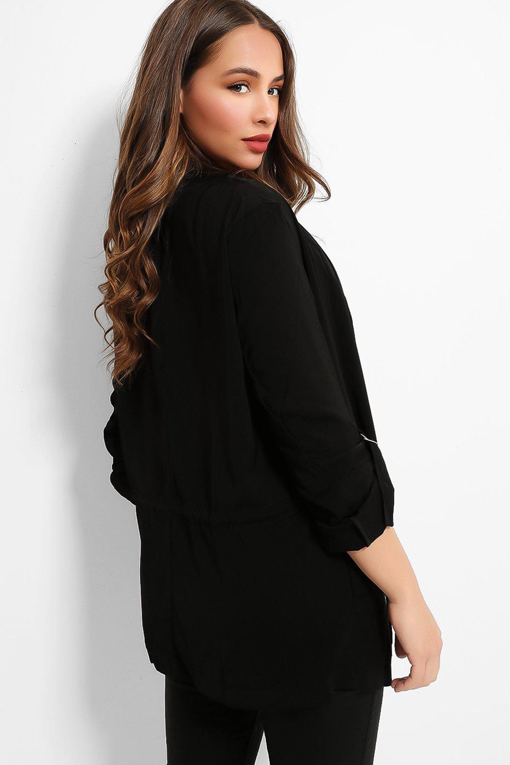 Black Drawstring Waist Waterfall Satin Duster-SinglePrice