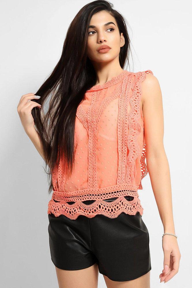 Coral Dobby Mesh Crochet Lace Trims Blouse-SinglePrice