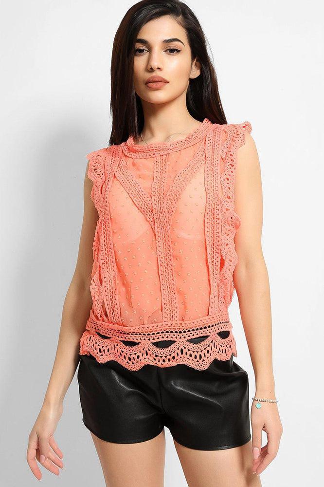 Coral Dobby Mesh Crochet Lace Trims Blouse-SinglePrice