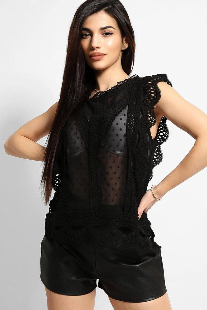 Black Dobby Mesh Crochet Lace Trims Blouse-SinglePrice