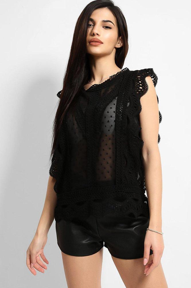 Black Dobby Mesh Crochet Lace Trims Blouse-SinglePrice