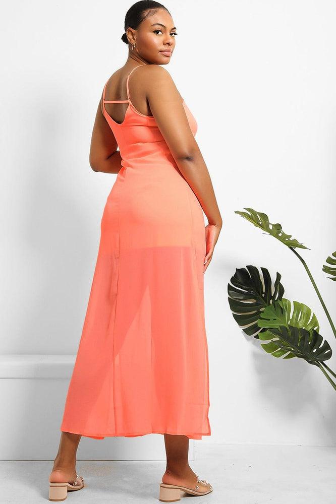 Neon Pink Split Sides Midi Cami Dress-SinglePrice