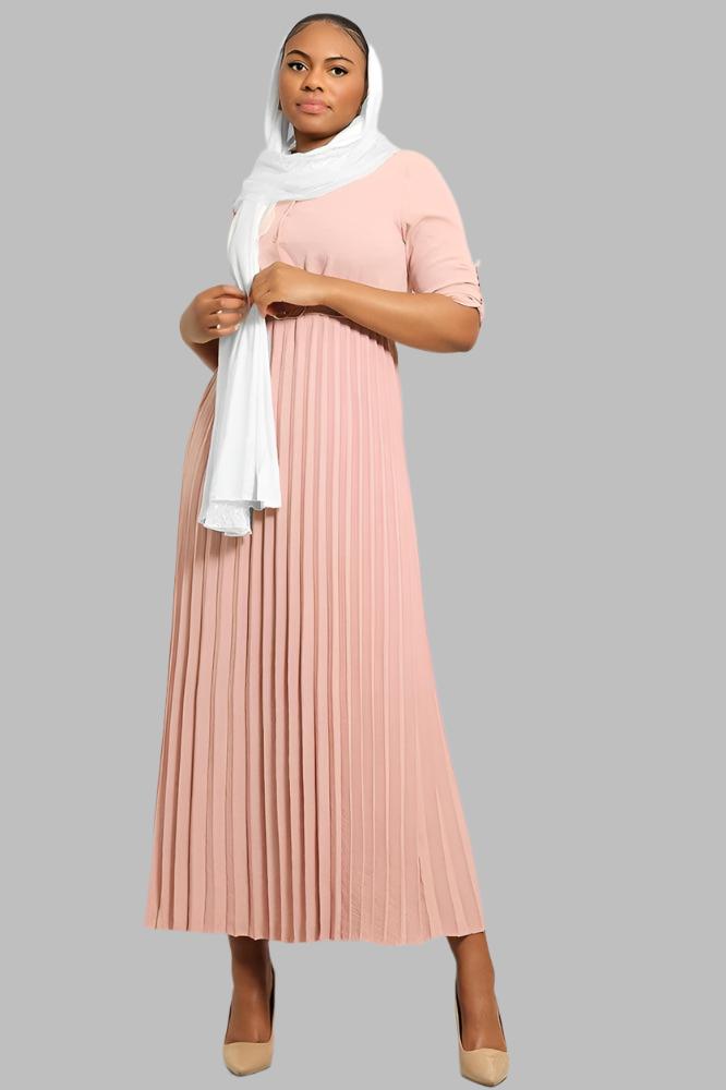 Pleated Skirt Logo Belt Buttoned Modest Dress-SinglePrice