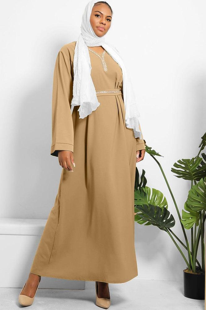 Crystals Embelished Neckline And Waist Tie Modest Dress-SinglePrice