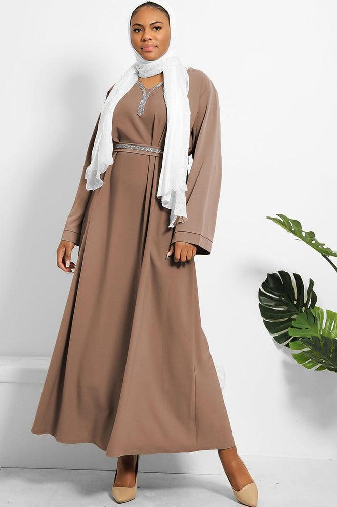 Crystals Embelished Neckline And Waist Tie Modest Dress-SinglePrice