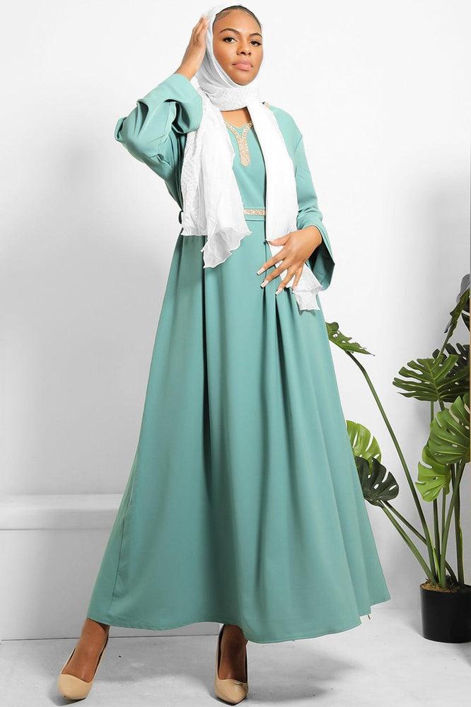 Crystals Embelished Neckline And Waist Tie Modest Dress-SinglePrice