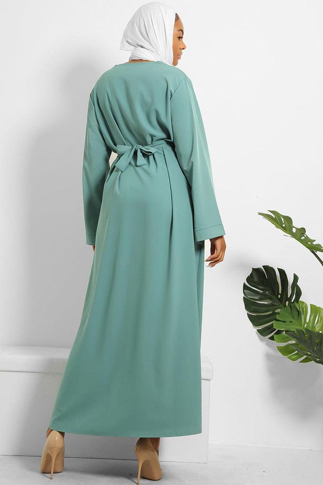Crystals Embelished Neckline And Waist Tie Modest Dress-SinglePrice