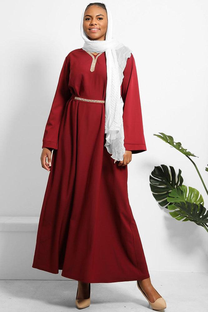 Crystals Embelished Neckline And Waist Tie Modest Dress-SinglePrice