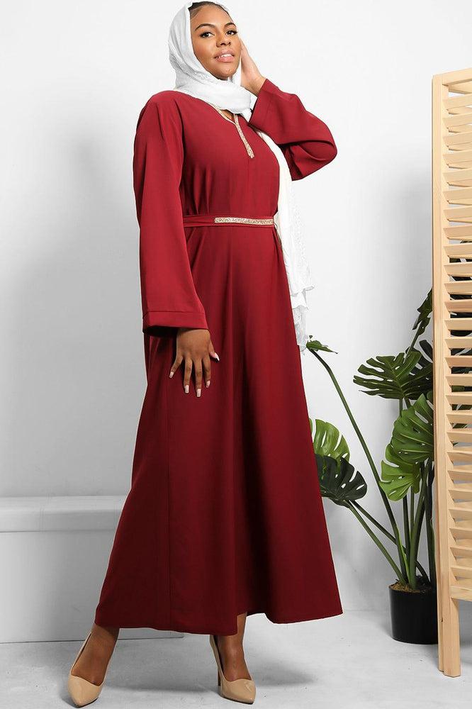 Crystals Embelished Neckline And Waist Tie Modest Dress-SinglePrice