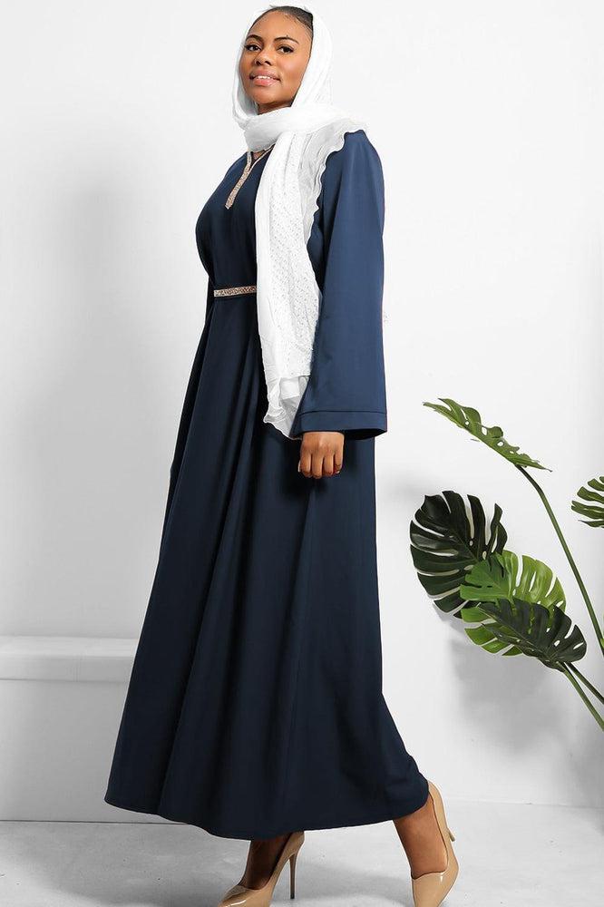 Crystals Embelished Neckline And Waist Tie Modest Dress-SinglePrice