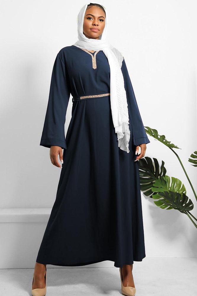 Crystals Embelished Neckline And Waist Tie Modest Dress-SinglePrice