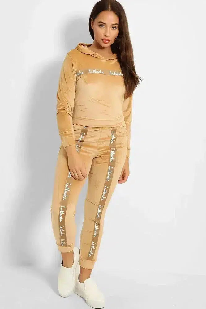 Slogan Print Fashion Tape Crushed Velour Tracksuit-SinglePrice