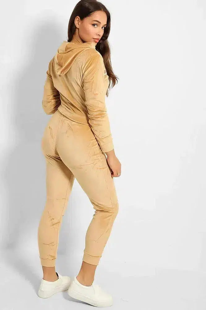 Slogan Print Fashion Tape Crushed Velour Tracksuit-SinglePrice