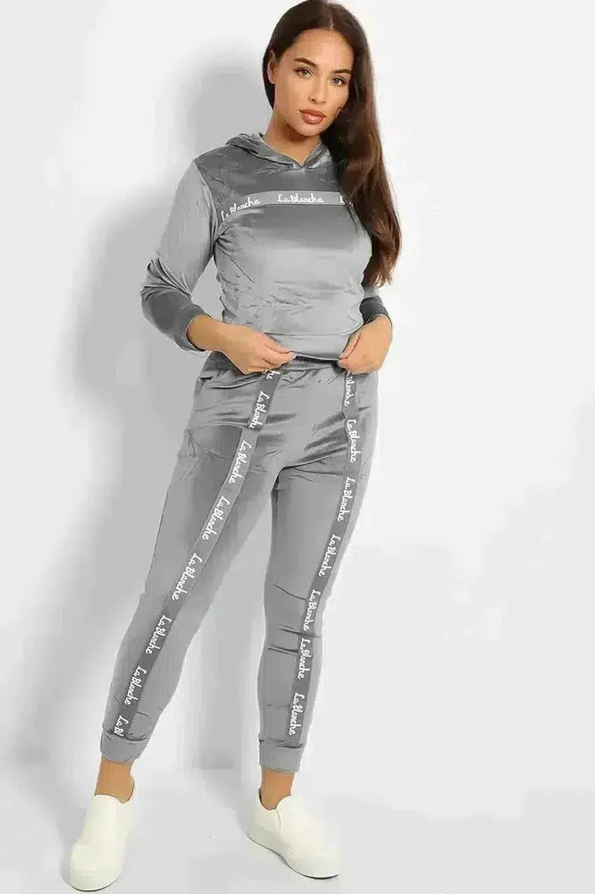 Slogan Print Fashion Tape Crushed Velour Tracksuit-SinglePrice