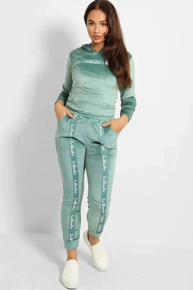 Slogan Print Fashion Tape Crushed Velour Tracksuit-SinglePrice