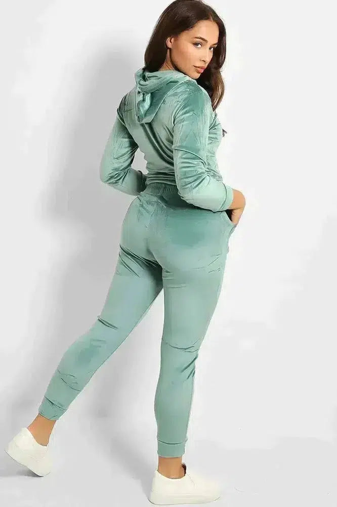 Slogan Print Fashion Tape Crushed Velour Tracksuit-SinglePrice