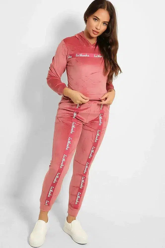 Slogan Print Fashion Tape Crushed Velour Tracksuit-SinglePrice