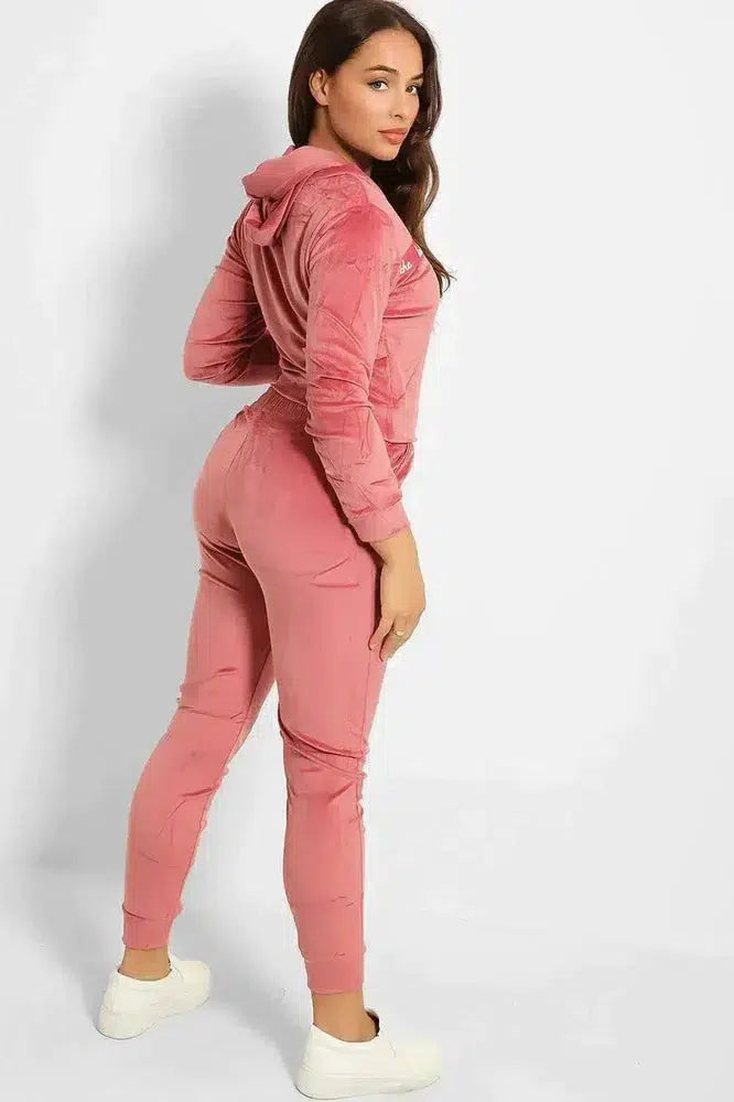 Slogan Print Fashion Tape Crushed Velour Tracksuit-SinglePrice
