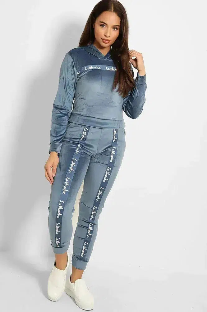 Slogan Print Fashion Tape Crushed Velour Tracksuit-SinglePrice