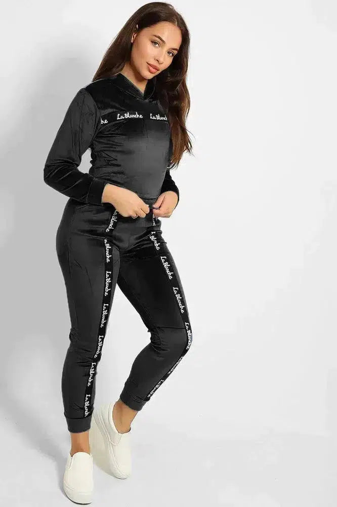 Slogan Print Fashion Tape Crushed Velour Tracksuit-SinglePrice