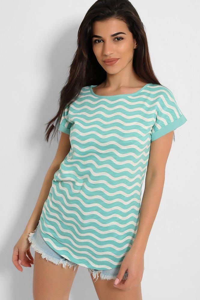 Green White Zig Zag Print Cotton Blend T-Shirt-SinglePrice