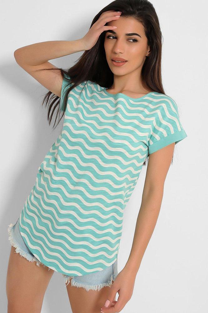 Green White Zig Zag Print Cotton Blend T-Shirt-SinglePrice