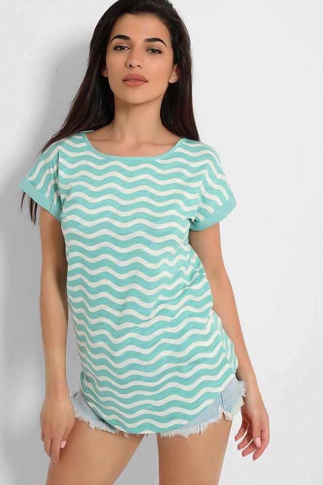 Green White Zig Zag Print Cotton Blend T-Shirt-SinglePrice