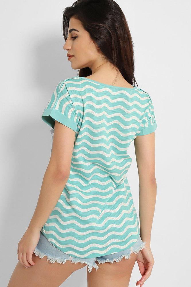 Green White Zig Zag Print Cotton Blend T-Shirt-SinglePrice