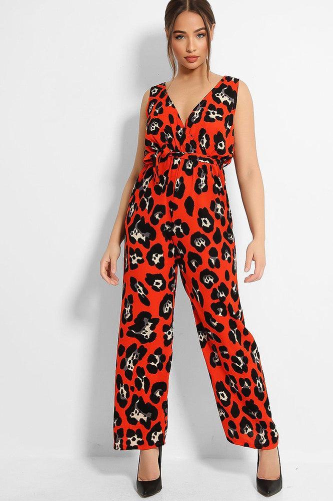 Red Black Leopard Print Sleeveless Jumpsuit-SinglePrice
