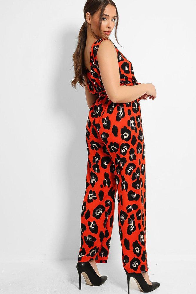 Red Black Leopard Print Sleeveless Jumpsuit-SinglePrice
