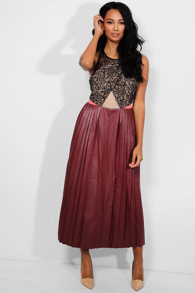 Wine Vegan Leather Pleated Skirt Maxi Dress-SinglePrice