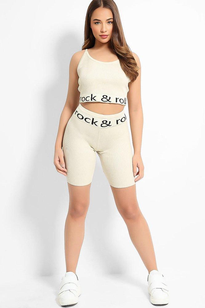 Beige Slogan Panel Rib Knit Lounge Set-SinglePrice