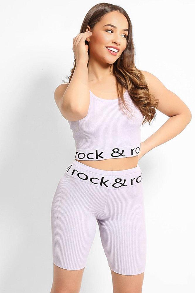 Lilac Slogan Panel Rib Knit Lounge Set-SinglePrice