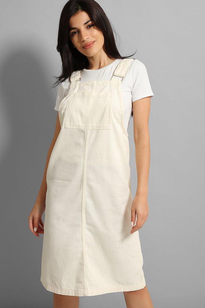 Cream Fine Denim Midi Pinafore Dress-SinglePrice