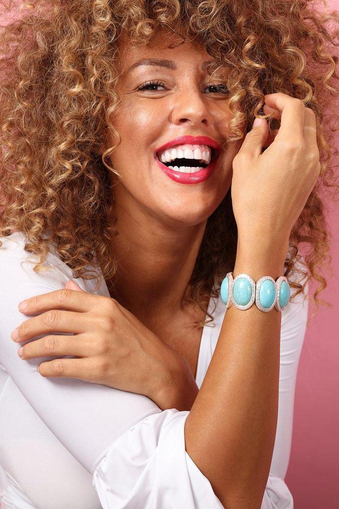 Silver Framed Large Oval Turquoise Beads Bracelet-SinglePrice